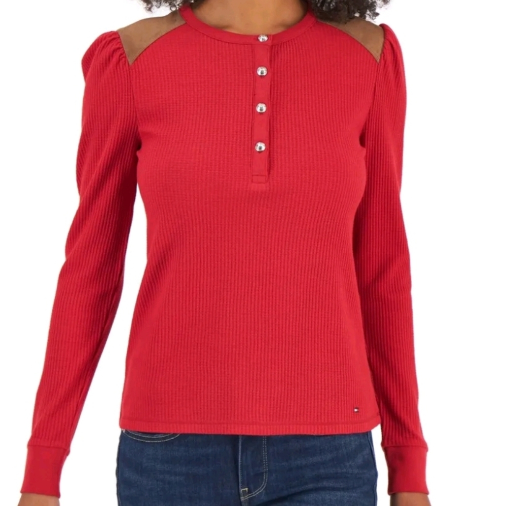 Tommy Hilfiger Faux Suede Red Waffle Knit Henley